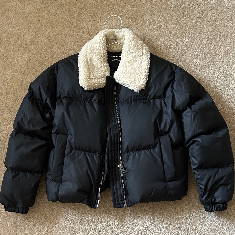 Coach shearling collar puffer jacket black